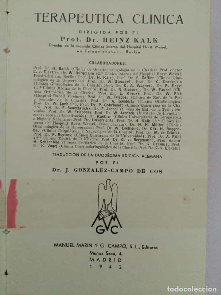 Imagen 2 del libro TERAPEUTICA CLINICA - PROF HEINZ KALK ED. MARIN Y CAMPO 1942